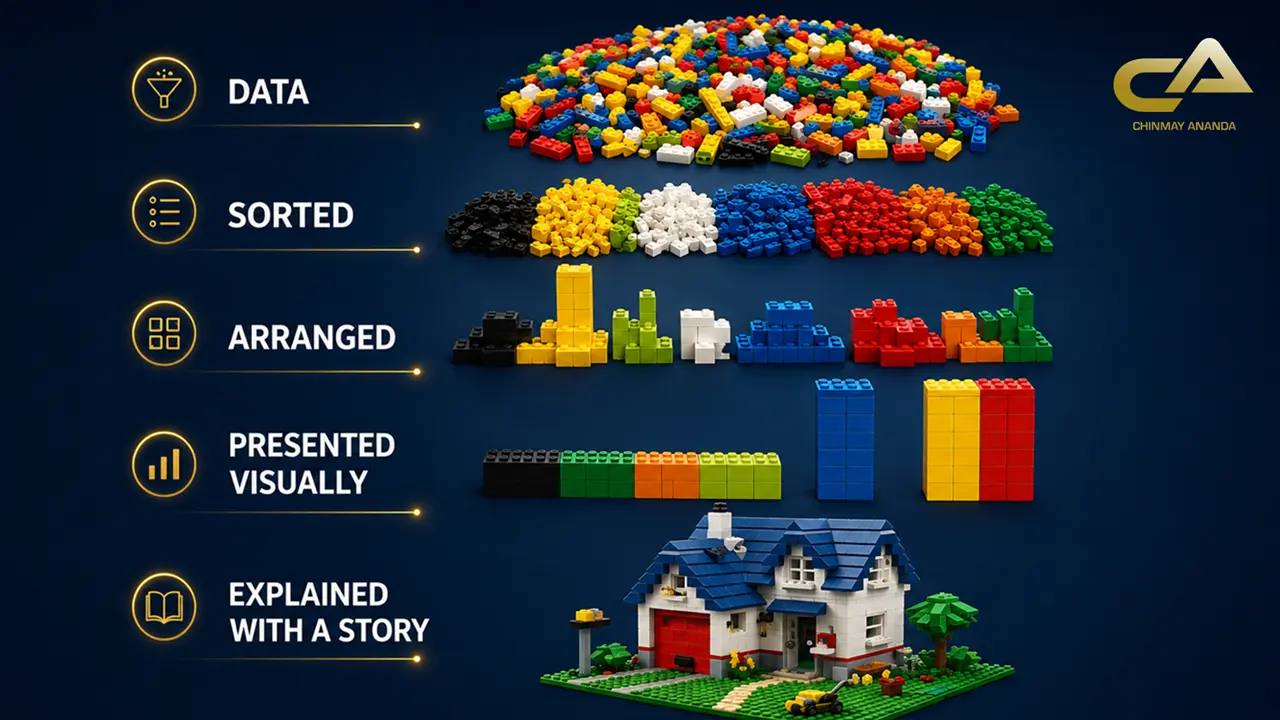 Data, sorted, arranged, presented visually, explained with a story: loose bricks becoming a finished house
